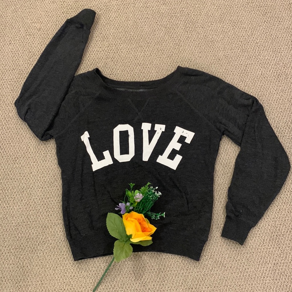 🌹Green Sleeved • “Love” Fashion Gray Fleece Pull - On COMFY Sweatshirt